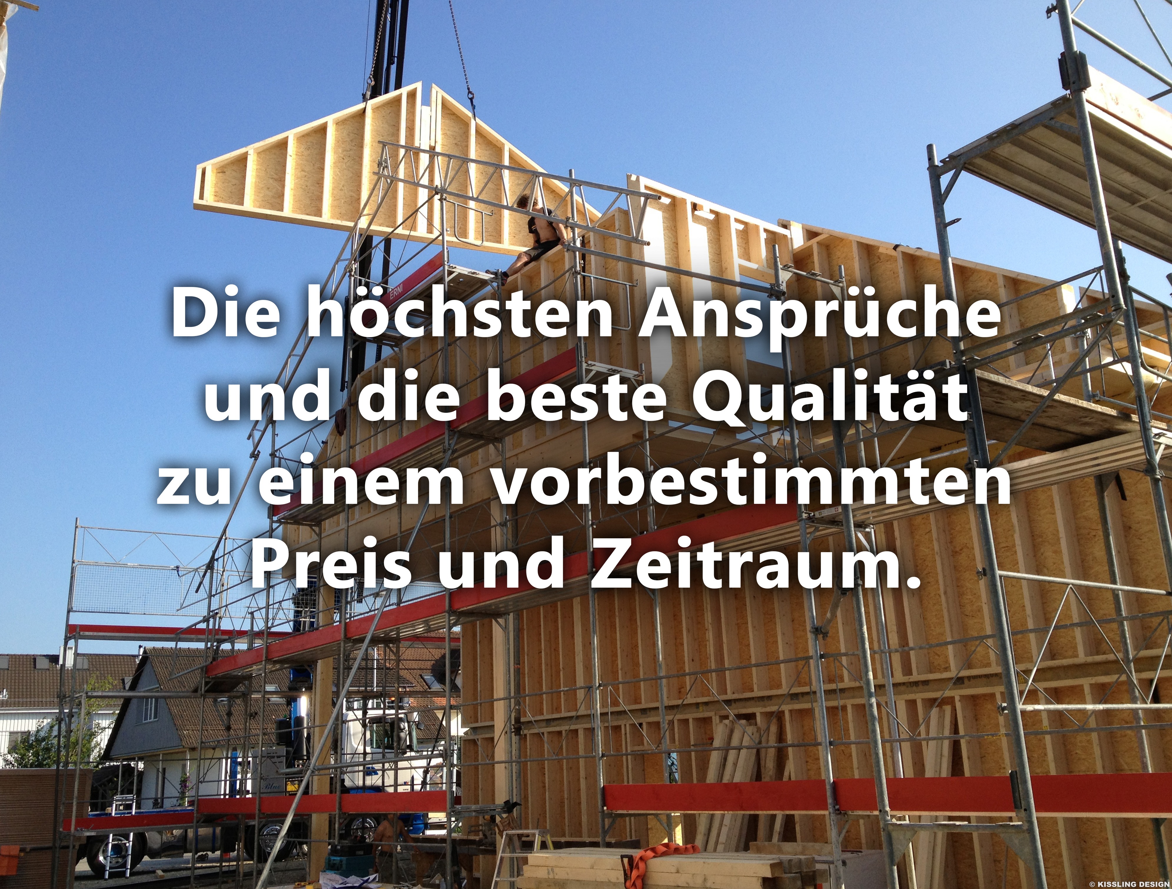 Zweites Titelbild zeigt Baustelle Wohnhaus Zuenikon mit Zitat: Die höchsten Ansprüche an die beste Qualität zu einem vorbestimmten Preis und Zeitraum.