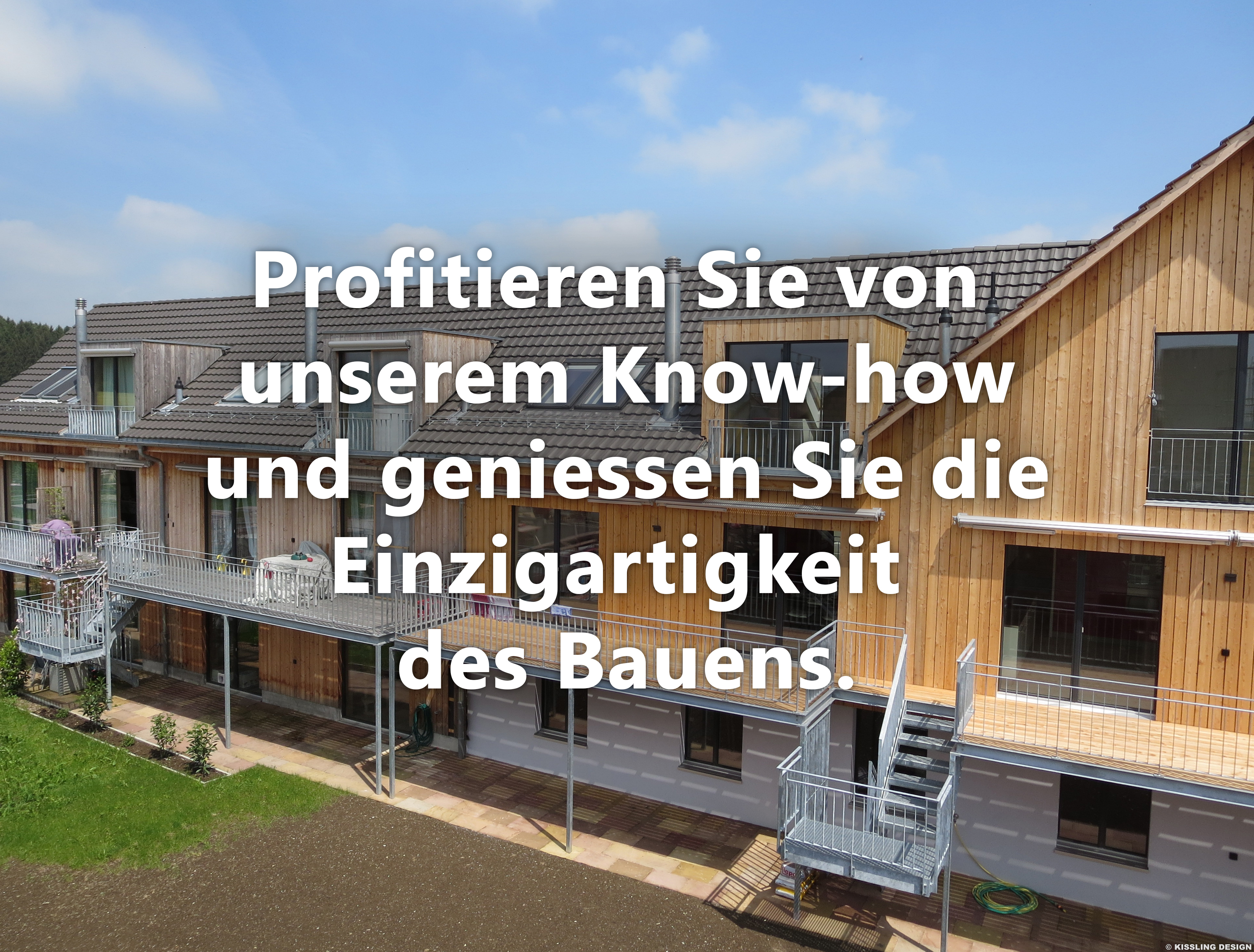 Titelbild zeigt Wohnüberbauung Wigoloft mit Zitat: Profitieren Sie von unserem Know-How und geniessen Sie die Einzigartigkeit des Bauens.